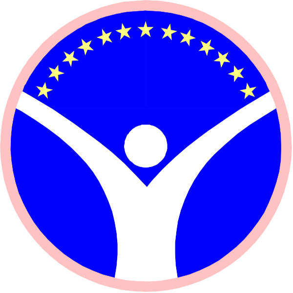 The image shows two circular logos with a blue background featuring white stars at their centers; each logo has an emblem of hands forming a heart shape in its center.