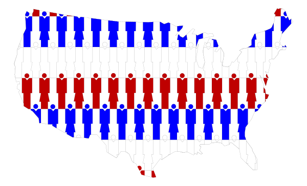 The image shows a stylized representation of an American flag with 50 states depicted as individual squares on it; each square contains silhouettes in red, white, and blue representing people standing together within that state's borders. Atop this map is text "USA" written across the width of all five rows from left to right. The background behind these elements appears dark with a gradient effect towards black at the top edge.