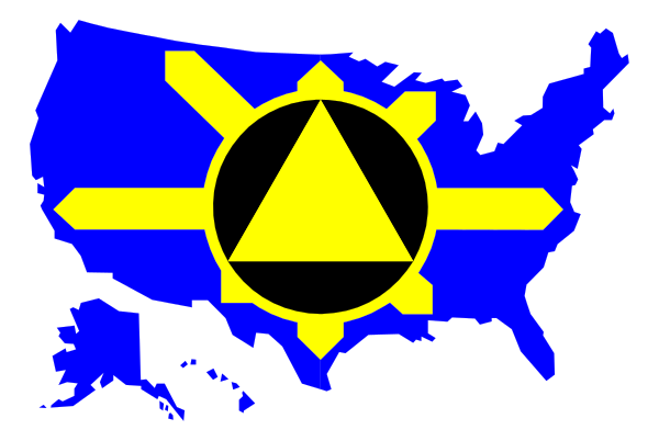 The image shows a stylized map of the United States with an overlay that includes symbols such as a shield-like emblem in yellow on top left corner and other graphic elements like lines connecting states to form what appears to be a network, all set against blue backgrounds representing different regions or areas.