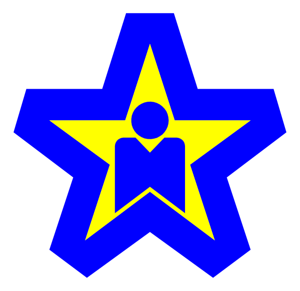 The image shows a blue star with an icon inside it that resembles a person standing on top of another symbol which appears to be a film clapperboard.