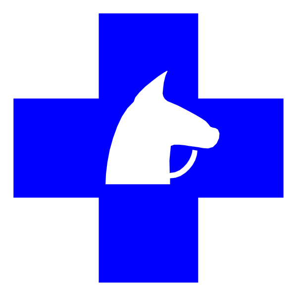 The image shows a blue cross with an icon of a horse's head on it against a black background.
