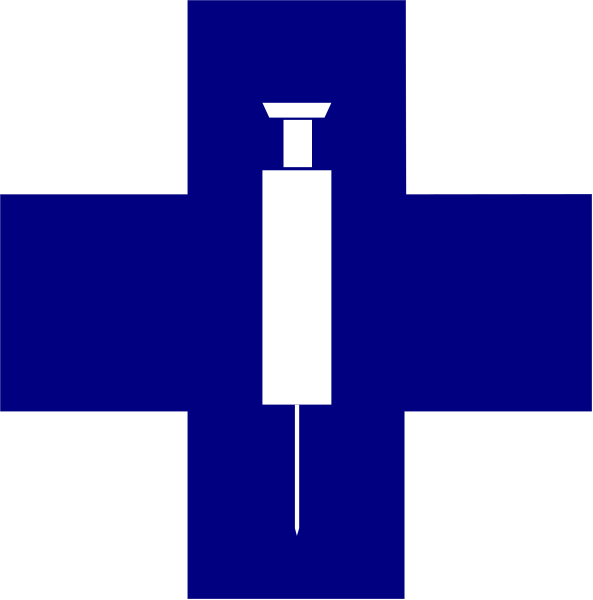 The image shows a blue cross with an injection syringe on it against a black background.