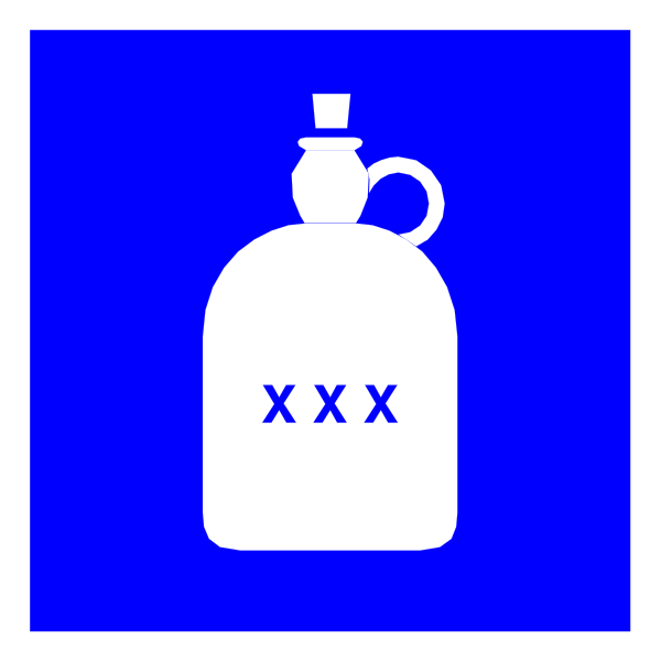 The image shows a blue sign with an icon of a bottle labeled "caution" next to it on top right corner.