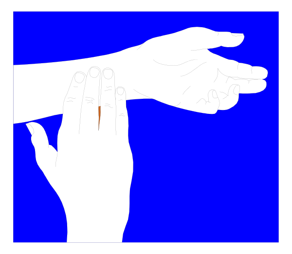 The image shows a blue hand reaching out to another person's hands that appear as if holding something small between them.