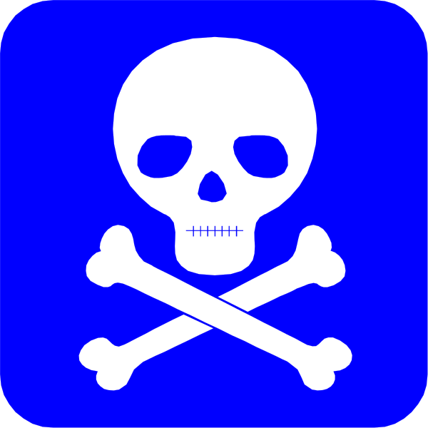 The image shows a blue square with white border containing an icon of a skull wearing crossed bones on its head against a dark background.