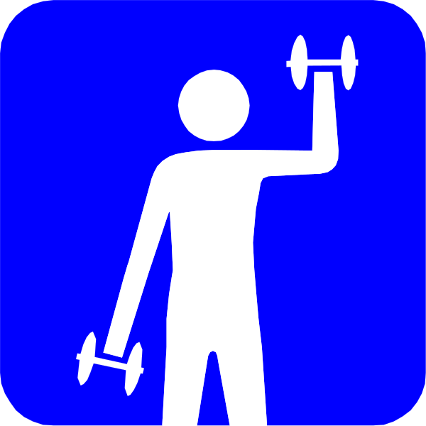 The image shows a blue sign with white text featuring an icon of a person lifting weights above their head while standing next to two dumbbells on either side.