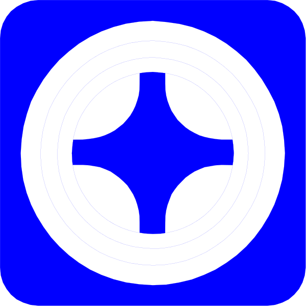 The image shows a blue circular icon with white lines forming an abstract design that resembles a stylized compass rose at its center.