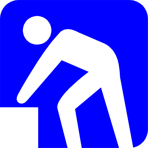 The image shows a blue sign with white text featuring an icon of a person walking up stairs next to a handicap symbol indicating accessibility assistance is available at that location.