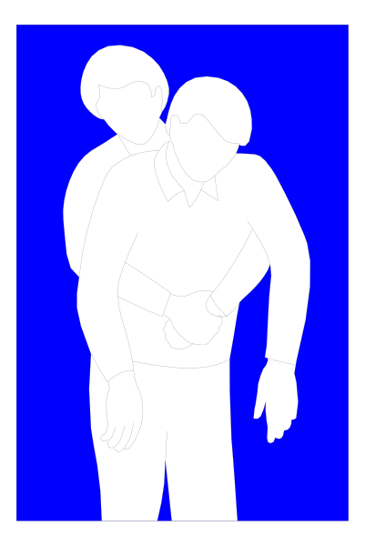The image shows a blue silhouette of two figures standing close together against an abstract background with no distinct features other than their outline shapes; there is also text overlaying part of the figure on the right, but it's not legible in this description.