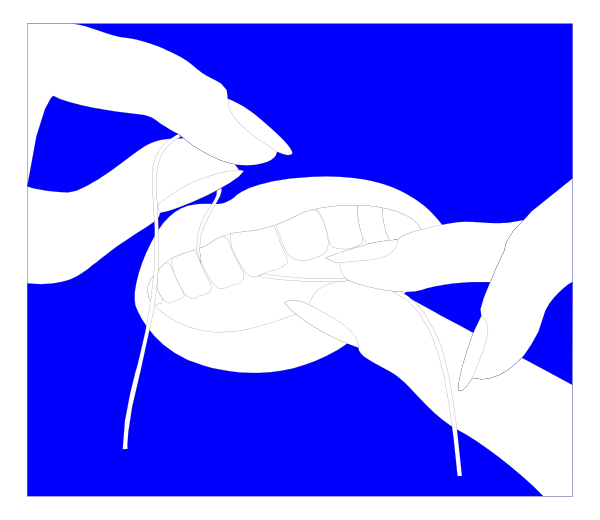 The image shows a blue background with two white crabs facing each other on either side of what appears to be an open clam shell in the center.