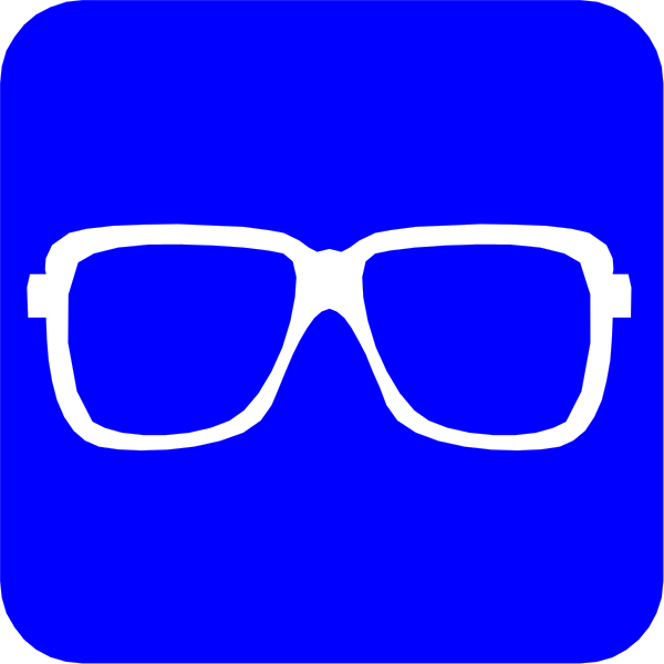 The image shows a blue icon with two white squares on either side of it; to its left is an eye-like shape resembling sunglasses, while to its right appears as if there's another face wearing glasses and has a mustache drawn above them in black coloring.