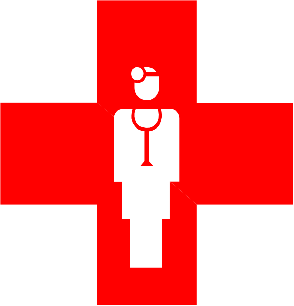 The image shows a red cross symbolizing medical aid with an icon of a nurse inside it on its left side against a black background; to its right is another smaller square containing only white text reading "THINX" in capital letters, which could be interpreted as either 'things' or the name of a brand.