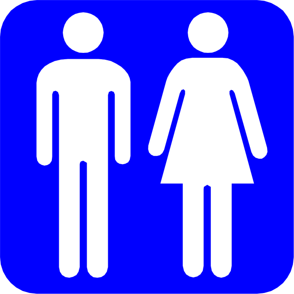 The image shows a blue sign with white silhouettes of two figures: an adult male figure on the left side facing forward towards another person who is also depicted as an adult female figure standing behind him to his right, both in profile view against a plain background; there's no text or additional details visible.
