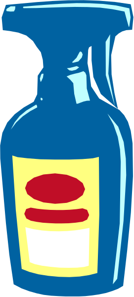 The image shows a blue bottle with an orange label featuring red text against a gray background on what appears to be a tabletop surface in front of it is another object that looks like a spray nozzle pointing towards us, suggesting this might be part of some cleaning or gardening equipment set up for use.