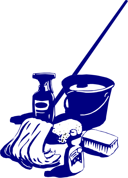 The black and white illustration shows a bucket of cleaning supplies with various items such as brushes, sponges, bottles labeled "cleaning solution," and other tools typically used for housekeeping tasks on top of it; to its right is an image of a broom leaning against the wall next to some sort of container.