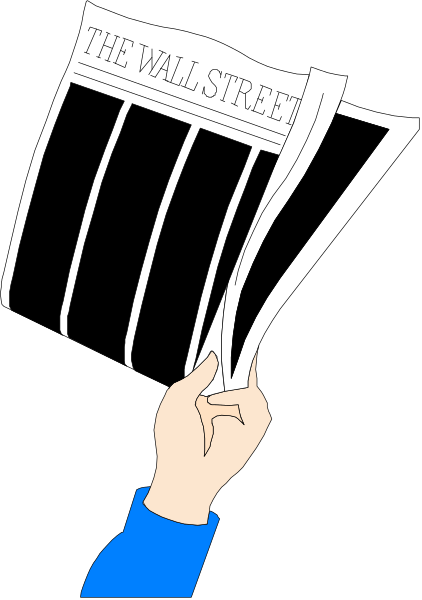 The cartoon shows a hand holding an open newspaper with headlines that read "THE WALL STREET" at its top edge; below this is another line of text which appears to be cut off in the image, and beneath it there's more visible text reading "BIGGEST BANKS."