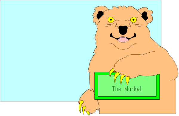 The cartoon features a brown bear sitting atop an open laptop with its paws on it; behind the bear is a sign that reads "The Market."