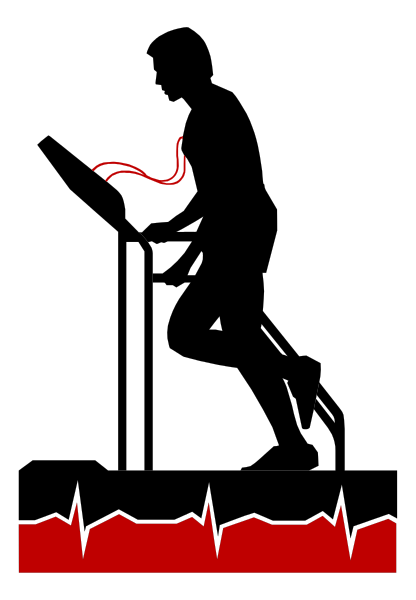 The image shows a black background with red text that reads "EKG" at both ends of what appears to be an ECG line graph on top.