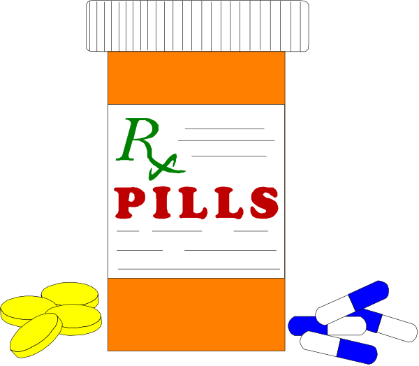 The image shows a bottle of prescription pills labeled "Rx Pills" with an open cap revealing multiple white tablets inside; to its right is another pill in front of it on what appears to be black background, and below them lies additional medication including blue capsules that resemble Viagra or similar drugs.
