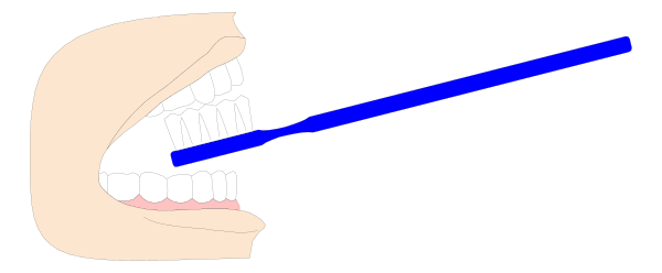 The image shows a cartoon of an open mouth with teeth emitting blue light rays from it against a dark background.