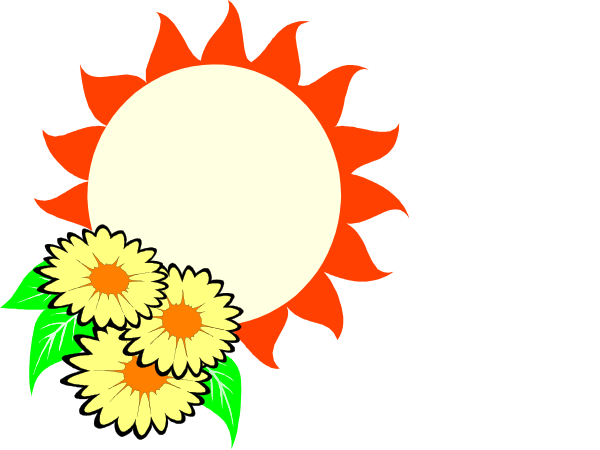 The image shows a sun with rays extending outward from its center, surrounded by three flowers: two yellow ones on either side of it at the bottom edge and one red flower above to the left.