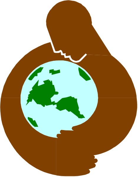 The image shows a cartoon of an Earth with continents visible inside it being held by two hands that appear to be emerging from either side of its surface; one hand is brown while the other has no distinct color, and both have fingers curled around the globe's equatorial line.