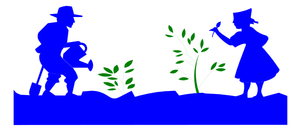 The image shows a blue silhouette of two figures tending to plants with watering cans; there is no text present in this clip-art illustration.