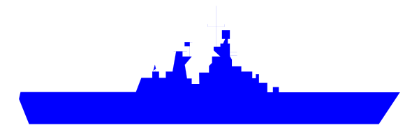 The image shows a blue ship with white text on it against an overcast sky background.