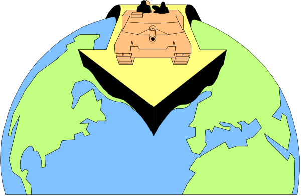 The image shows a cartoon of two tanks facing each other with an Earth between them; there is no text present on this clip-art graphic.