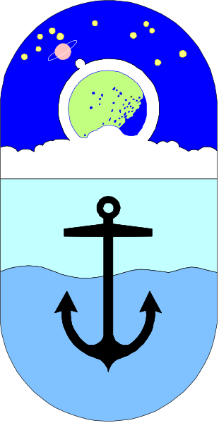 The image shows a stylized graphic with an anchor at its center flanked by two flags: on the left is what appears to be a flag representing water (blue background), crossed swords in white, and waves depicted below; on the right side of the anchor there's another banner that seems like it represents land or earth. Above these elements are celestial bodies such as stars and planets against an indigo sky with clouds scattered across. The overall design is simple yet colorful, using a limited palette to convey its theme.