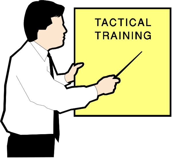 The image shows a cartoon of two men standing next to each other with an instructional sign that reads "TACTICAL TRAINING" between them; one man is pointing at something on his left, and both appear engaged in conversation about training content displayed behind him.