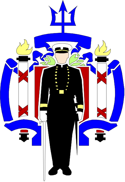 The image shows a stylized emblem featuring an officer's uniform with crossed swords on either side of what appears to be a shield bearing flames at its center; above this is a crown-like symbol, and below it rests another crest or coat of arms that includes vertical stripes.