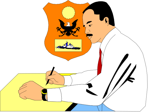 The image shows a cartoon of an adult male sitting at a desk with his hand on paper, wearing glasses; he is signing papers in front of him while looking downward to write something. Behind him hangs what appears to be a coat-of-arms or emblem featuring the profile view of another man's head and shoulders within it, along with some text that includes "RUSSIA" at its top right corner; below this is an image resembling a ship on water. The background behind him has two flags: one to his left displays what seems like a sun