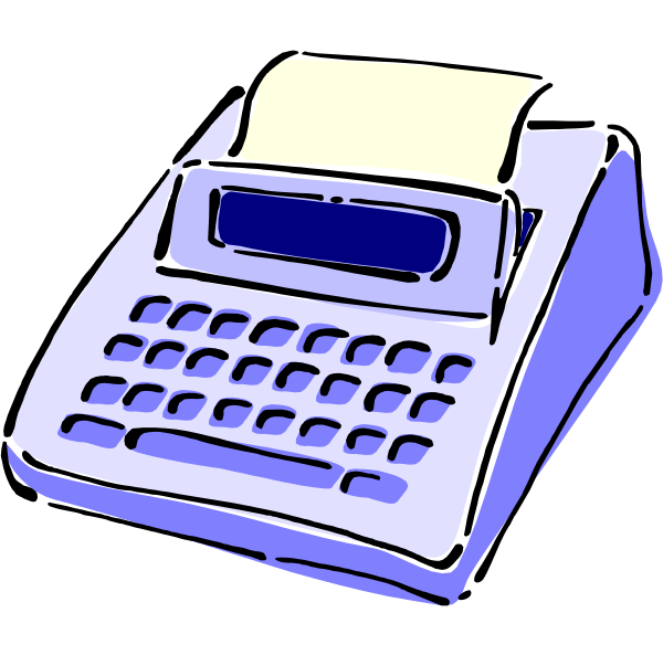 The image shows a blue computer printer with paper sticking out of it on top of an office desk next to what appears to be a calculator.