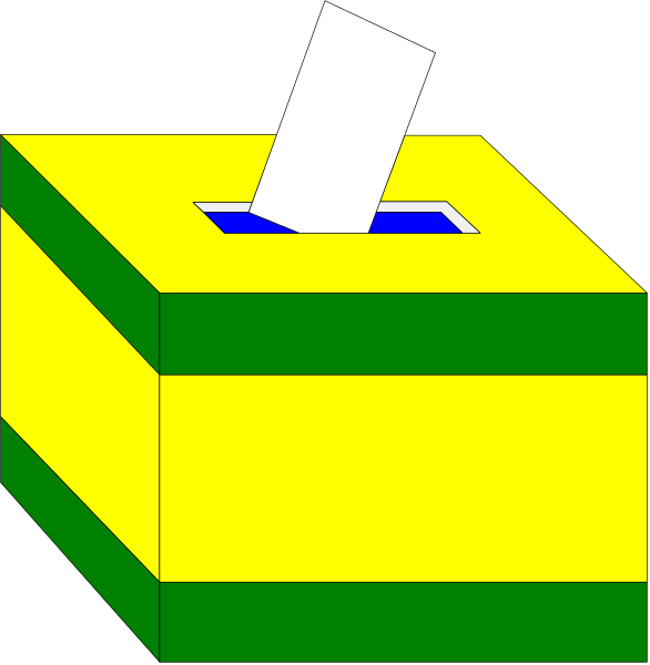 The image shows a cartoon of two voting booths with ballots inside them; above each is an illustration showing someone casting their vote into that respective box by dropping in a paper ticket labeled "VOTE."