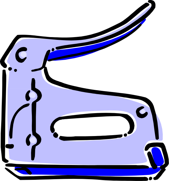 The image shows a blue stapler with its top open to reveal two metal jaws on either side of an elongated central pivot point that is connected by springs at both ends.