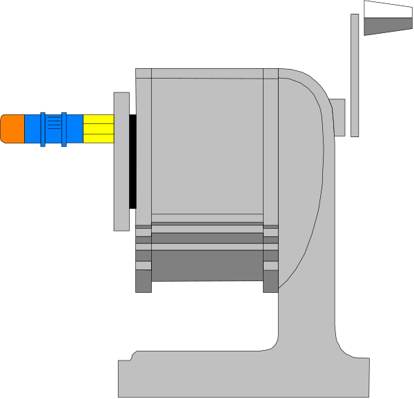 The image shows a black and white illustration of an industrial machine with various mechanical parts visible on its surface, including what appears to be gears and cylinders, set against a dark background that contrasts sharply with the lighter coloring of the machinery itself.