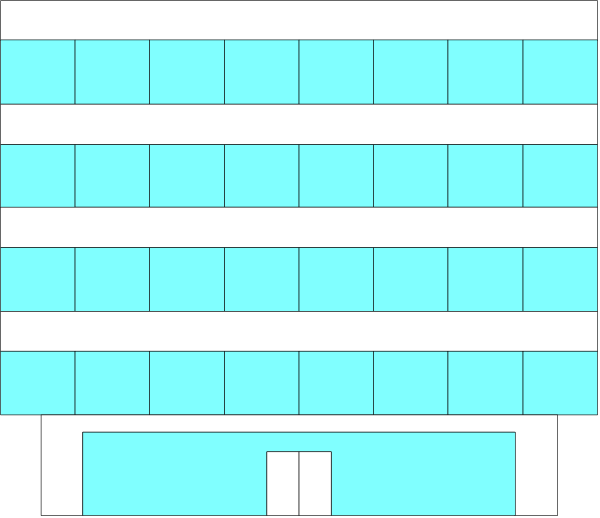 The image shows a blue building with white trim on its facade; there is no visible activity within it as indicated by the lack of any figures present in this small clip-art representation.