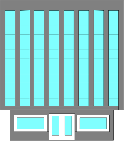 The image shows a stylized representation of an elevator with blue walls inside it.