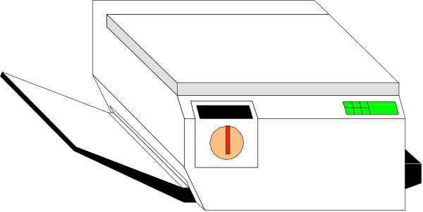 The image shows a printer with an open door on top of it against a dark background.