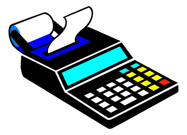 The image shows a black and white pixelated representation of an office desk with various items on it including what appears to be paperwork, scissors, stapler, calculator, pen holder, keyboard, mouse, phone receiver, monitor screen displaying colorful icons or windows, and possibly other small objects. The setting is a simple depiction of a workspace environment without any people present in the image itself. There are no animals visible within this clip-art representation.