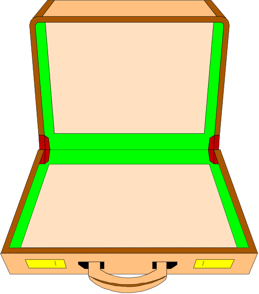 The image shows a simple illustration of an open briefcase with no visible contents on what appears to be a dark background.