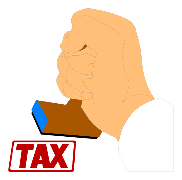 The image shows a cartoon hand holding an object with "TAX" written on it next to another similar-looking item labeled as "Tax."
