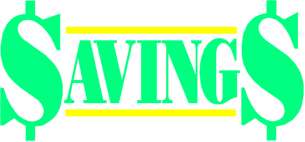 The image shows a graphic with text that reads "SAVINGS" at top right corner against a green background; below it is another line of white capital letters spelling out "Savings."