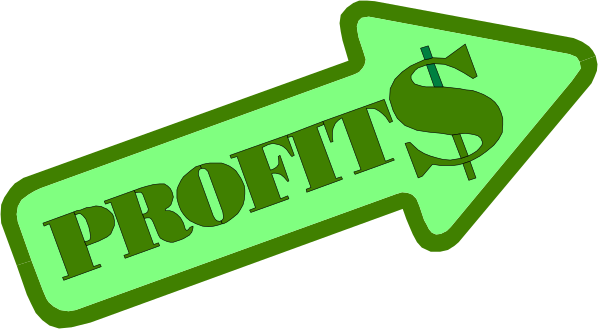 The image shows a green arrow pointing upwards with text that reads "PROFITS" on it next to two other signs: one is labeled "$$$ PROFEETS $$$," indicating profits in dollars, and another sign says "BREAKING NEWS."
