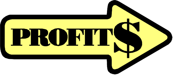The image shows a graphic with text that reads "PROFITS" on top of an arrow pointing upwards to another word "LOSS," which is below it in bold letters.