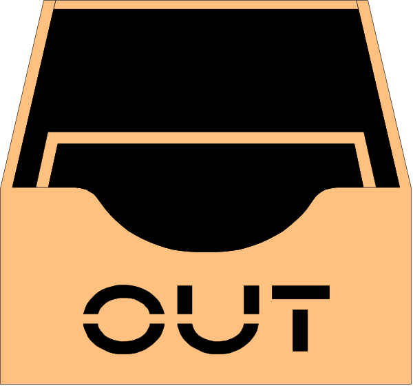 The image shows two identical orange boxes with a white outline of an open book on top against a black background; each box has "OUT" written in large letters at its center bottom corner.