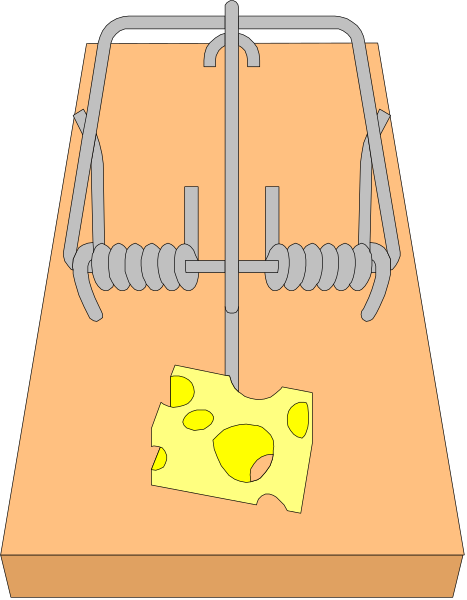 The image shows a cartoon of an electric guillotine with cheese on it being lowered towards a wooden block by two metal rods connected to springs at either end.
