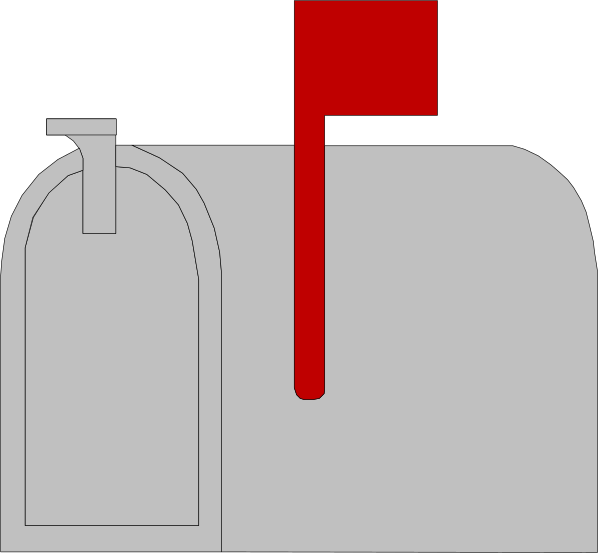 The image shows a cartoon depiction of an open mailbox with three letters inside: two red envelopes on top left and right corners respectively, one white envelope in between them at bottom center.