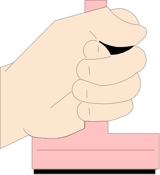 The image shows a hand holding an object with two fingers on top of it while another finger is underneath, positioned as if to push downward; there's no visible background detailing any specific location or context beyond what can be inferred from this action and setting.